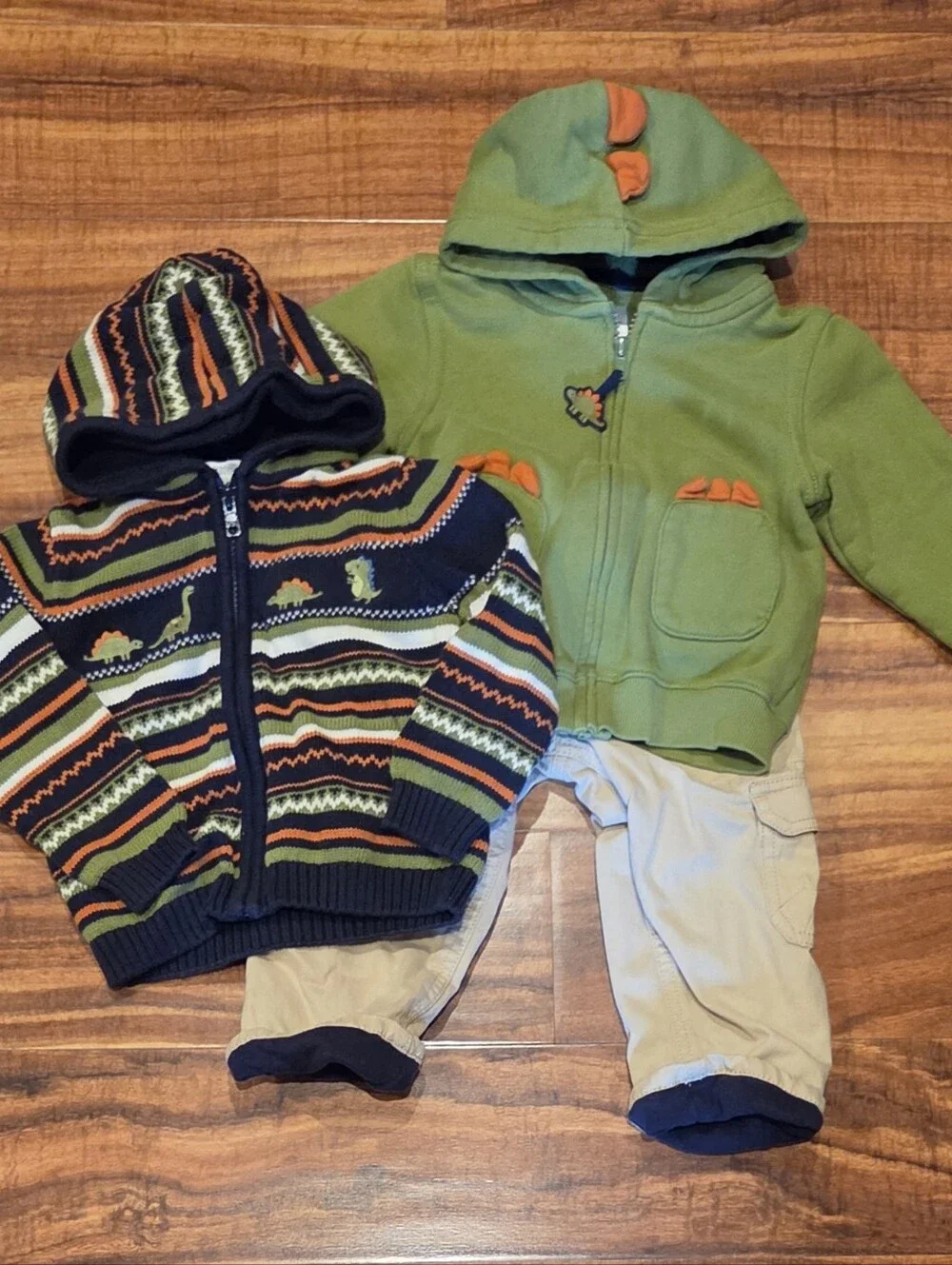 Gymboree EUC Green/Navy Fair Isle Dino Sweater, Dino Hoodie and Lined Pants